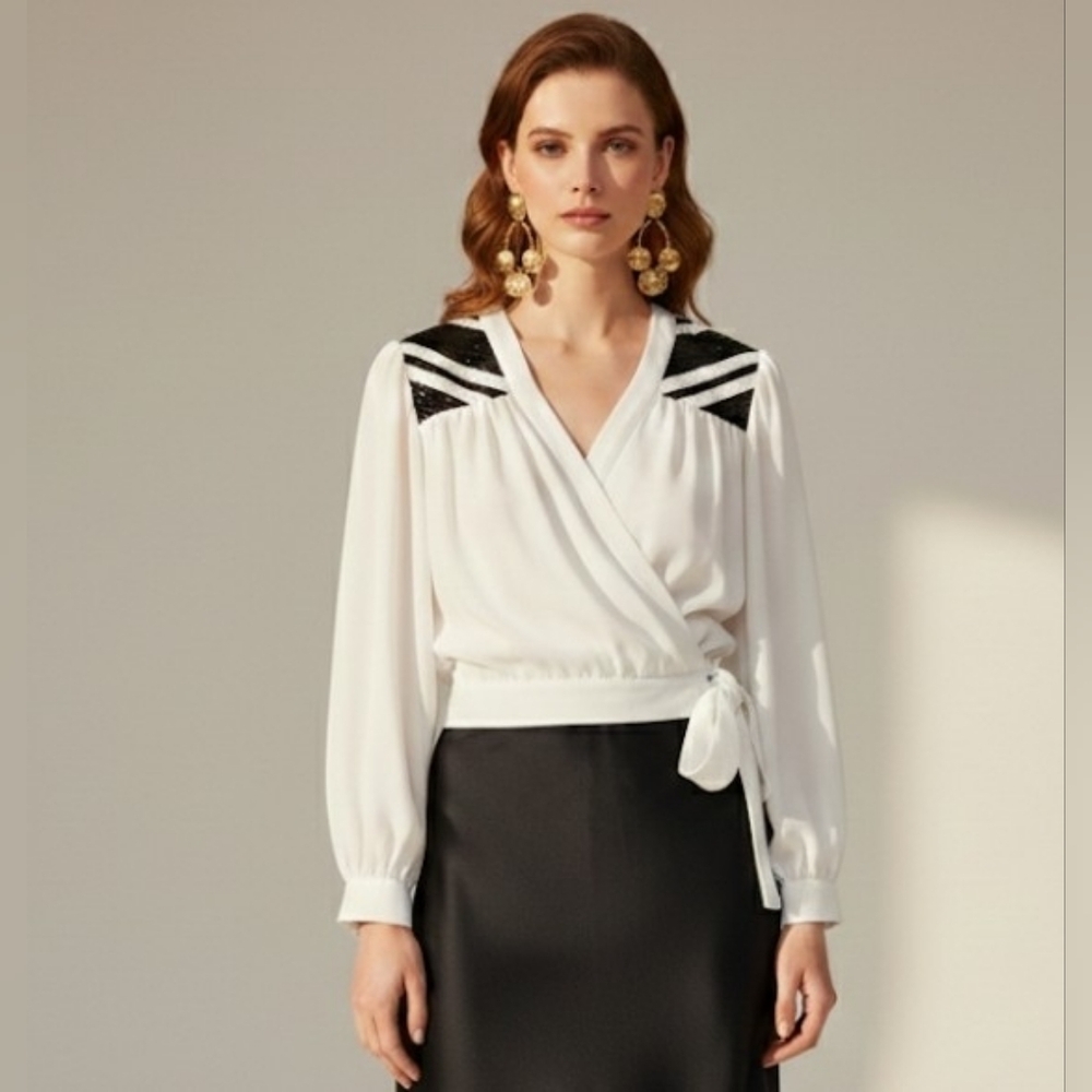 VTG 80s Liz Claiborne Beaded Wrap Blouse - White Surplice Side Tie Petite 4